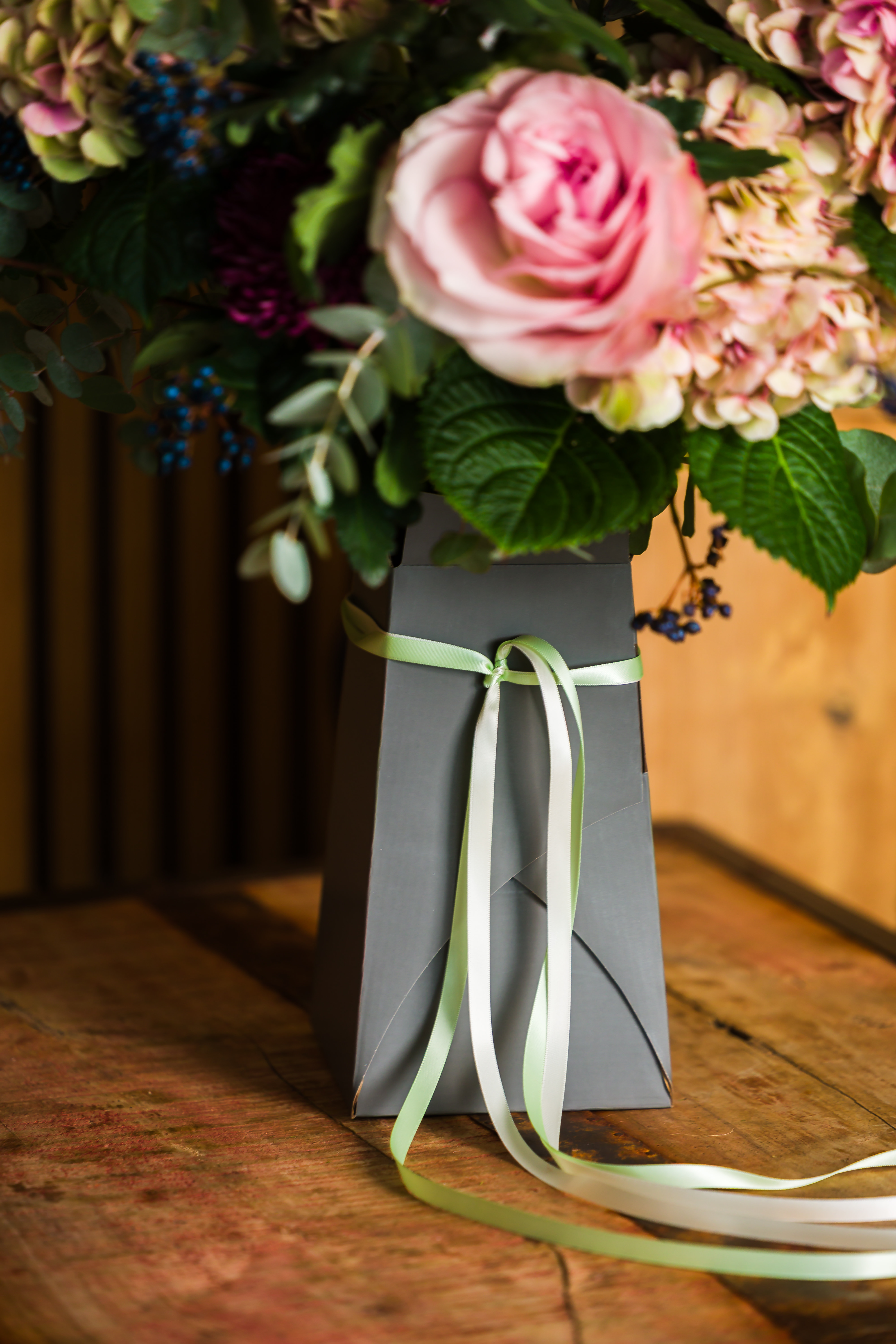 Tall Bouquet Box Grey & Pale Green and Ivory 9mm Satin